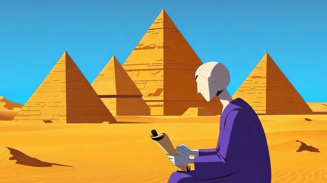 Android reading ancient scroll before egyptian pyramids digital art style sahara desert hot sunny day egypt
