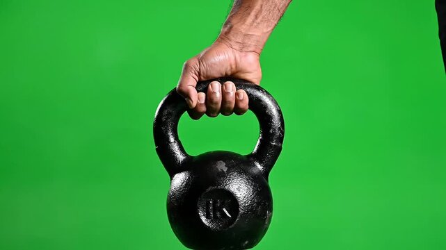 Close up of three sweaty arms holding black kettlebells against green screen background for fitness and exercise concepts