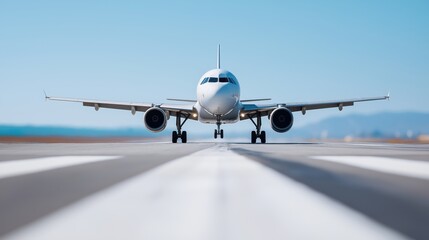 Obraz premium Airplane landing on runway in bright daylight with clear sky 