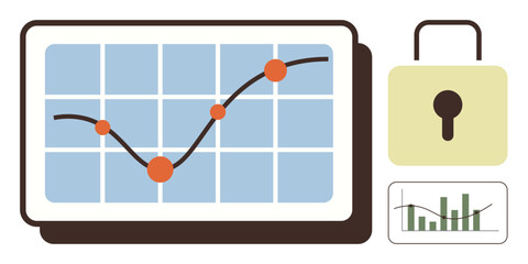 Data security, analytics, business growth, cybersecurity, performance tracking, technology concepts. A line graph on a screen with a lock icon and bar chart. Data security and analytics