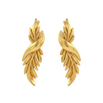 Golden leaf shaped earrings in twisted design isolated on transparent background
