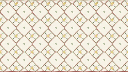 Elegant seamless vector pattern featuring a grid of light beige diamonds with brown outlines, each containing a delicate yellow and green floral motif, ideal for sophisticated backgrounds © awais