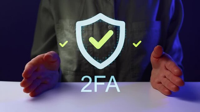 Hands show support for two-factor authentication with a shield symbol displayed on the table during a tech workshop at night.