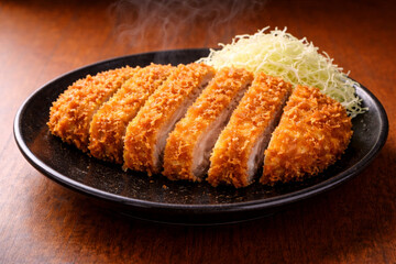 Japanese tonkatsu on a black plate with shredded cabbage