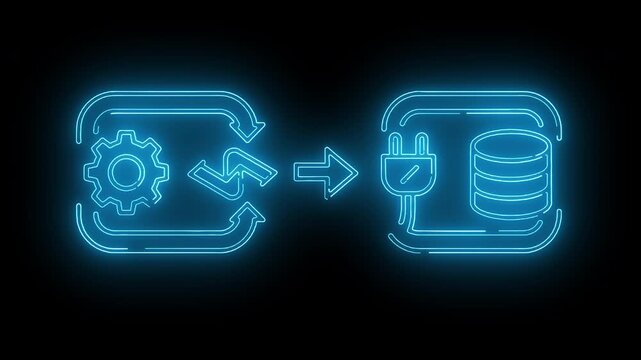 Neon-lit graphic illustrating data transfer from a gear to a database with a glowing blue outline on a black background.