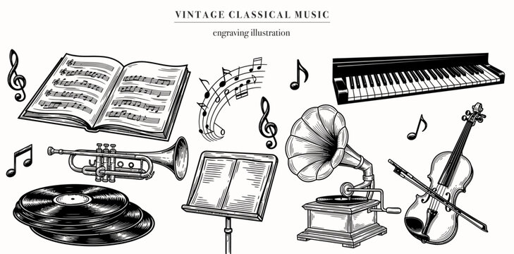 Vintage orchestra instruments illustration. Engraved hand drawn sketch, isolated on white background. Vector illustration