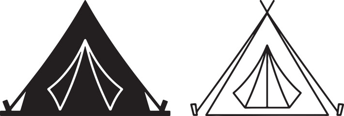 Minimalist black and white camping tent icons in solid silhouette and outline styles for outdoor adventure and recreation design © uniquenaznin