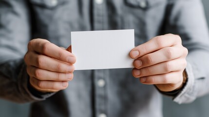 Fototapeta premium Person holds blank card in hands at indoor space during day