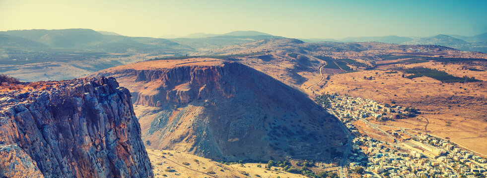 View from Arbel cliff to arab village Wadi al-Hammam, Galilee, Israel