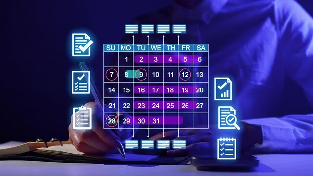Creating a digital calendar while planning tasks and events in an office setting during evening hours.