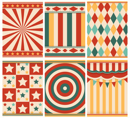Set of 6 retro groovy circus seamless pattern, flat style.