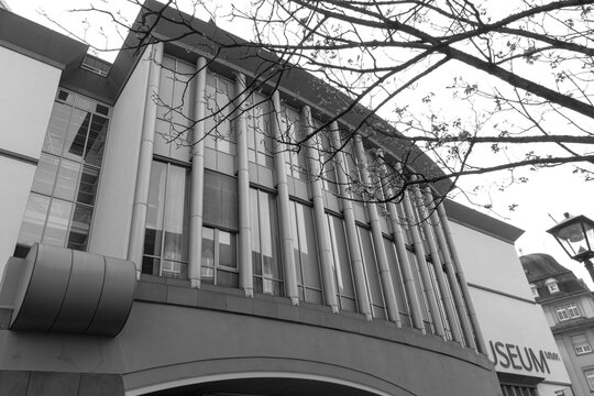 Frankfurt, Germany- April 19, 2025: The Museum f&uuml;r Moderne Kunst (Museum of Modern Art - MMK), part of  Frankfurt's Museumsufer (Museum Riverbank) in black and white