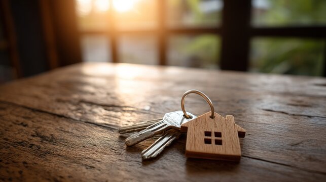 House keys with a wooden house keychain on a wooden table