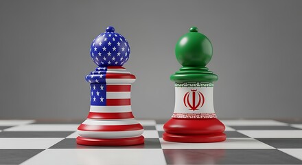 American and Iranian flags on chess pieces on a chessboard in a symbolic game
