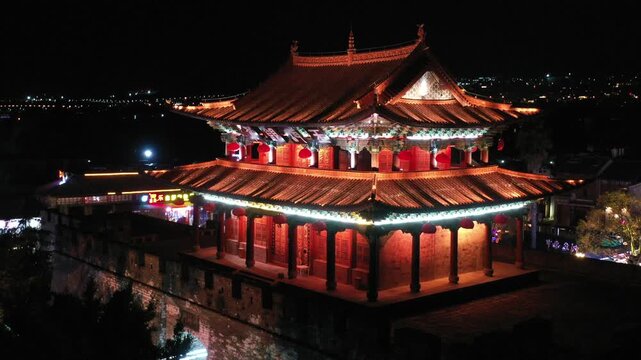 Illuminated Traditional Chinese Pagoda Gate at Night, Erhai Lake