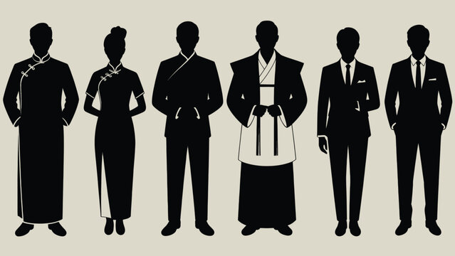 Set of 6 diverse Asian traditional and business attire male and female silhouette vector icons, featuring Cheongsam, Kimono, and suits for cultural representation and professional concepts.