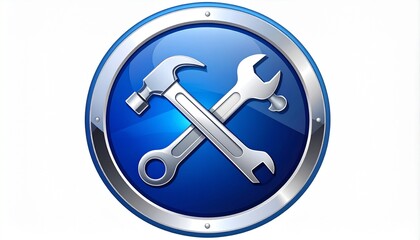 Fototapeta premium Crossed wrench and screwdriver tools logo icon on blue glossy 3D button for repair and maintenance