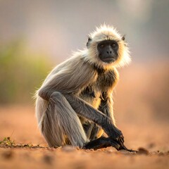 Fototapeta premium Gray langur monkey seated on ground, with soft golden light