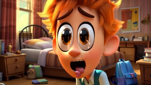 Animated boy with big eyes in bedroom reacts in shock and amazement cartoon kid in disbelief