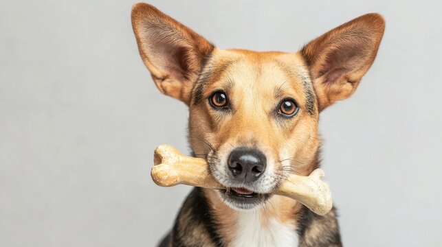 Close-up of a shepherd-type dog joyfully holding a bone, showcasing a playful demeanor and charming expression