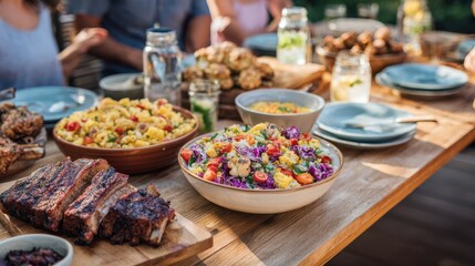 Obraz premium Friends enjoying a summer potluck barbecue with a long wooden table filled with colorful homemade dishes in a suburban backyard setting