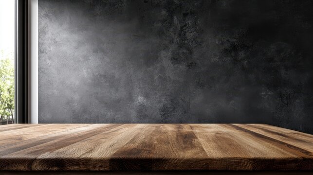 Empty solid oak wooden kitchen countertop with natural wood grain texture against a modern dark concrete wall background