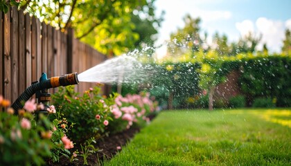 Obraz premium Garden sprinkler watering lush green lawn with blooming pink flowers in summer