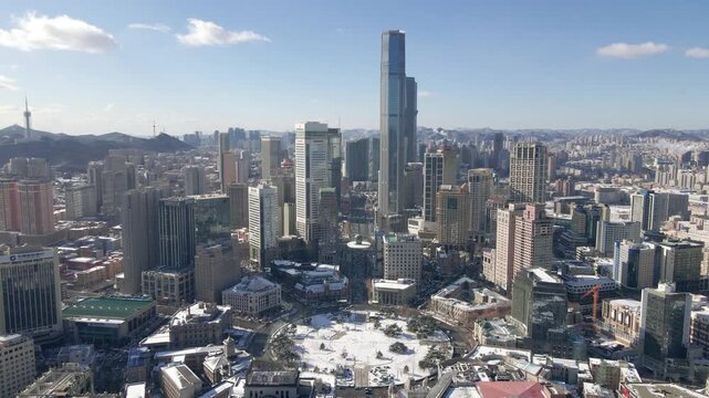 Dalian Skyline Winter Aerial View with Snow-Covered Park
