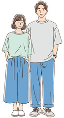 夏服カップルのシンプルイラスト	