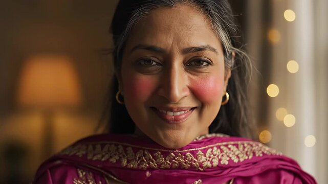 Mature indian woman in traditional sari smiling authentically