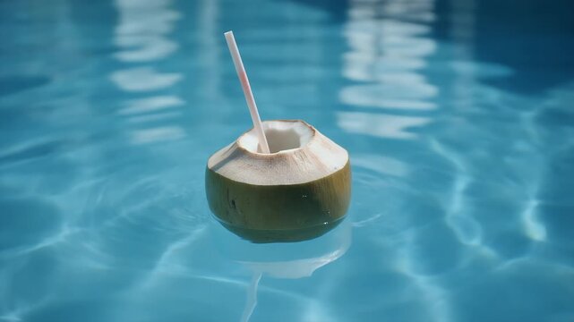 A refreshing coconut drink floats in the clear blue water of a swimming pool.
