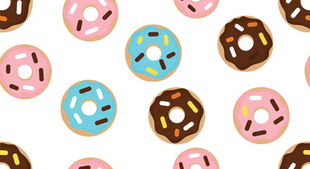 Fototapeta premium Seamless Donut Food Pattern Vector with Colorful Icing and Sprinkles on White Background