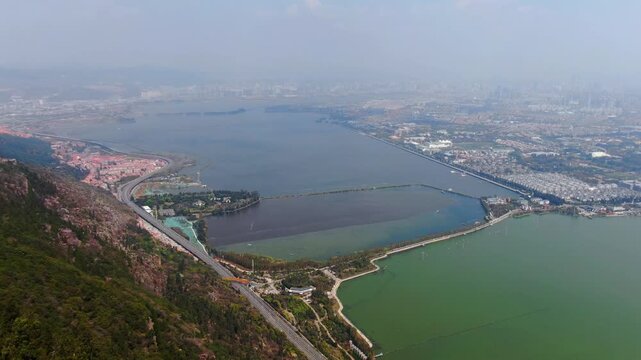 Dianchi Lake Kunming Aerial View with City Skyline and Mountains
