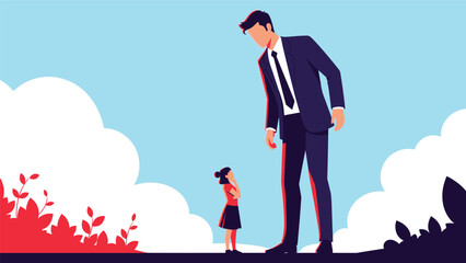 Fototapeta premium Conceptual illustration of a giant businessman standing next to a small girl representing inequality or different life perspectives.