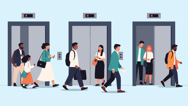 Busy group of diverse people commuting and moving through a modern building lobby while entering and exiting several elevator doors.