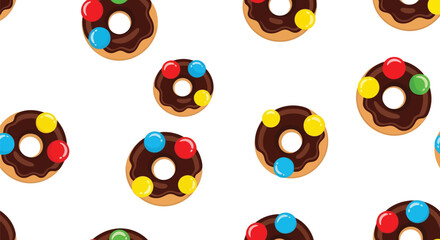 Obraz premium Chocolate Donut Vector Food Pattern with Colorful Candy Toppings on White Seamless Background