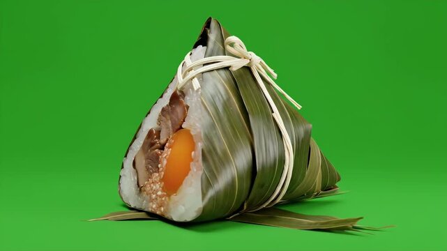 A close-up looping animation showcases a traditional Chinese zongzi glutinous rice dumpling wrapped in dark green leaves tied with a white string against a vibrant solid green background perfect for
