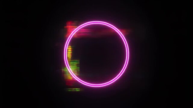 Vibrant pink neon circle with digital glitch effects on a dark background, creating a retro futuristic aesthetic.