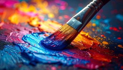 Fototapeta premium Detailed texture of bright blue orange and red paint with a paintbrush for creative design projects