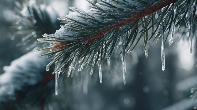 A close-up of a snow-covered pine tree branch with glittering icicles,