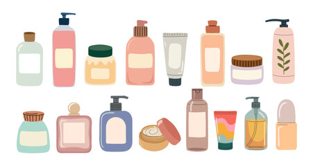 Flat vector illustration of assorted skincare and cosmetic products including bottles, jars, pumps, and tubes. Pastel beauty packaging collection arranged on transparent background.