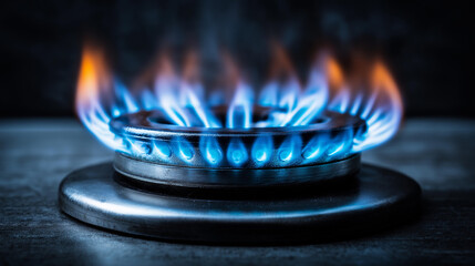 Close-up of a bright blue natural gas flame burning on a stovetop burner in a dark kitchen