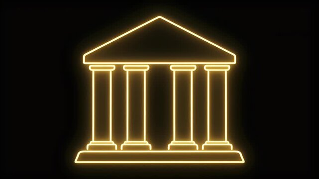 A glowing golden neon outline of a classical building with four columns and a triangular pediment against a dark background.