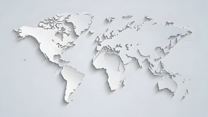Minimalist world map on gray background. Global logistics and international business. Clean paper cut style earth map representing global connectivity
