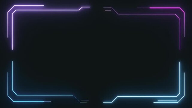 Futuristic neon glowing frames with purple and blue lines on a dark background, digital interface design element.