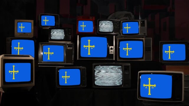 Vintage Televisions Displaying Flag of Asturias with Victory Cross Symbol - 4K