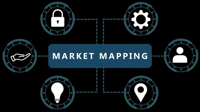 A dark blue rectangular area with white text MARKETMAPING is connected by dashed lines to six circular each featuring a white symbol within a teal segmented ring on a black background