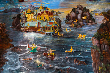 Ancient mural painting with scene from the Ramakien at Wat Phra Kaew or Emerald Buddha Temple in Bangkok, Thailand © Aleksandr Simonov