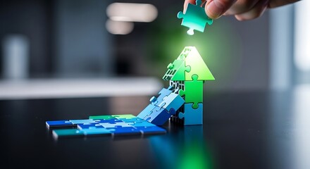 Naklejka premium A hand placing a glowing green lego piece on a lego christmas tree