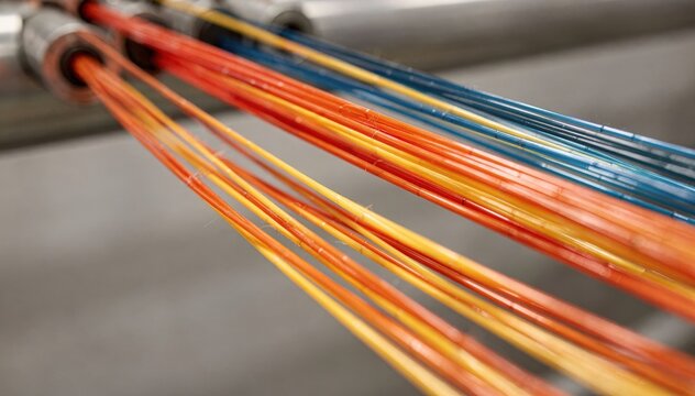 Closeup medium shot highlighting solutiondyed polypropylene carpet yarn extrusion emphasizing vibrant color penetration and consistent filament thickness.